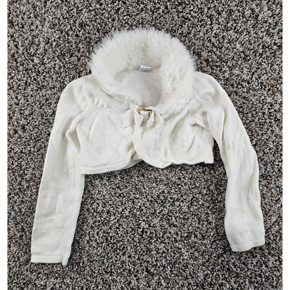 Janie & Jack Toddler Girls Sz 3T Cropped Shrug Sweater Faux Fur White Formal